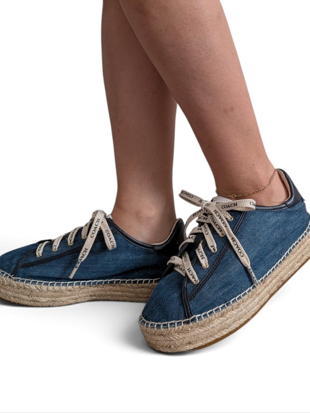 Coach Cate Blue Denim Espadrille Platform Lace-Up Sneakers